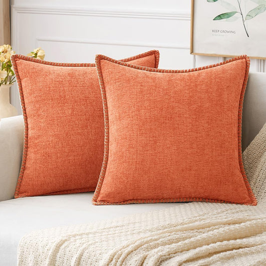 MIULEE Pack of 2 Couch Throw Pillow Covers 18x18 Inch Coral Red Farmhouse Decorative Pillow Covers with Stitched Edge Soft Chenille Solid Dyed Pillow Covers for Sofa Bed Living Room