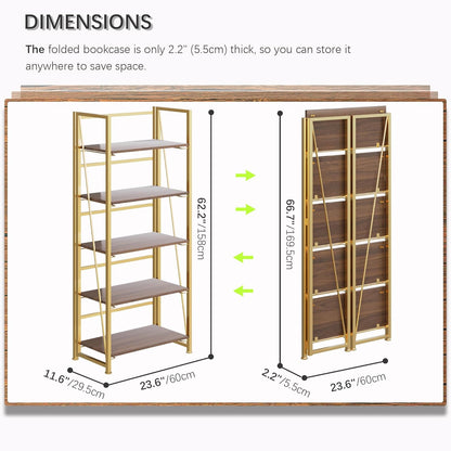 4NM No Assembly Foldable Bookshelf, 5-Shelf Collapsible Bookcase Storage for Small Spaces, 62.2" H, Brown and Golden