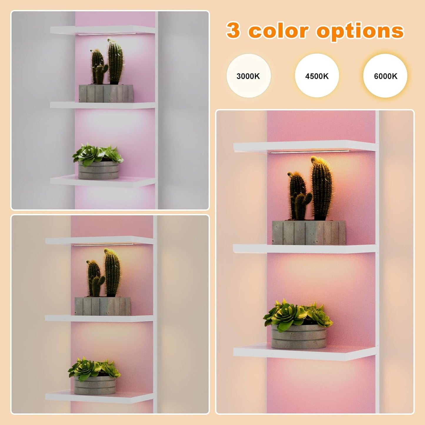 5 Tier Wall Shelf Unit,Modern Vertical Lack Wall Shelves with Light, Wall Mount, Floating Column Home Decor Shelves for Bedroom, Living Room, Vanity Storage Display(Pink)