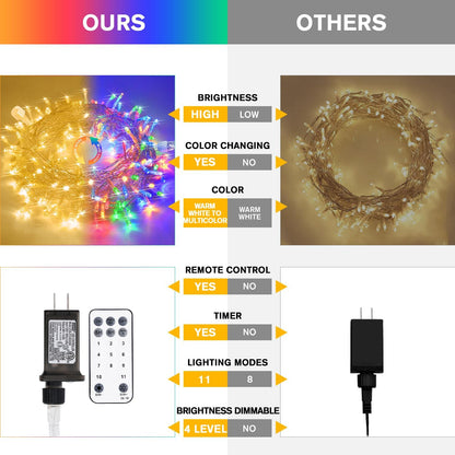 JMEXSUSS 33ft 100 LED Color Changing String Lights Plug in, Warm White & Multicolor Christmas Tree Lights Indoor, Christmas String Lights Outdoor Waterproof for Xmas Indoor Decor