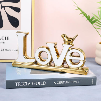 Love Sign Decoration - White & Gold Modern Bird Sculpture Statue, Personalized Love Decor for Living Room, Bedroom, Desktop