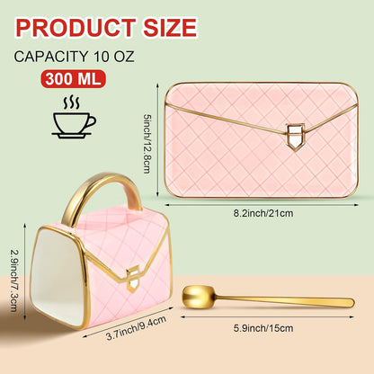Zubebe 1 Set Coffee Mug Elegant Handbag Shaped Cup Modern Ceramic Purse Mug with Spoon and Saucer, 10oz Cute Creative Tea Cup for Office Home Woman Girls Gift (Pink)
