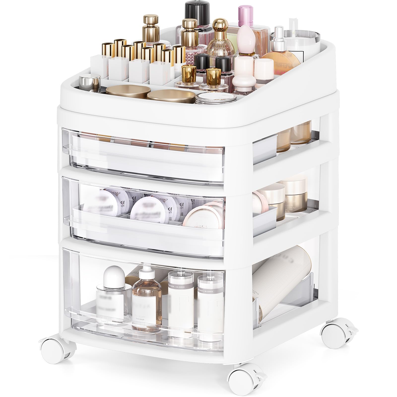 Rolling Cart with 3 Drawers, Clear Plastic Drawer Organizers, Vanity Cart