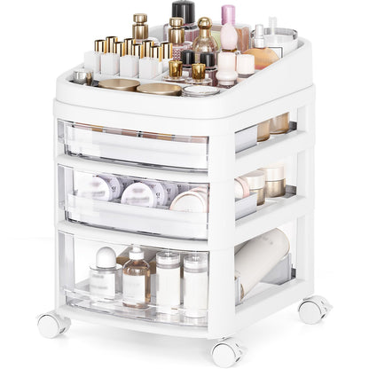 Rolling Cart with 3 Drawers, Clear Plastic Drawer Organizers, Vanity Cart