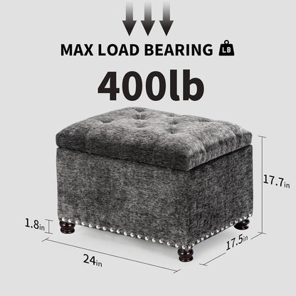 Joveco Storage Ottoman Bench, Rectangle 24" Velvet Foot Rest Stool Square Footstool for Living Room, Bedroom, Charcoal Grey