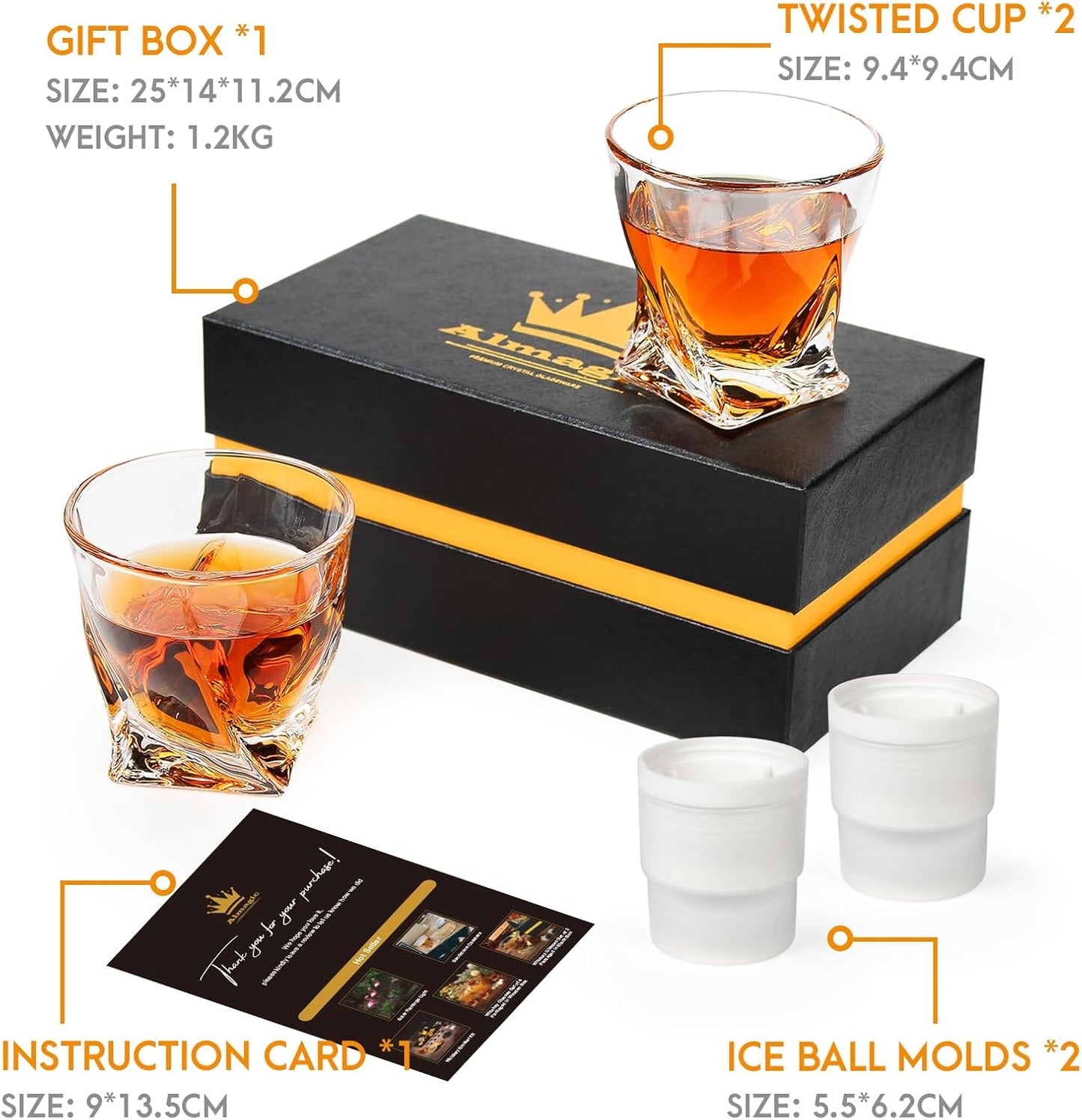 Crystal Whiskey Glasses Set of 2 with Ice Ball Molds, 11 Oz Old Fashioned Glasses Packaged in Giftable Box, Twisted Style Bourbon Glasses Gifts for Men, Stylish Whiskey Glasses Set