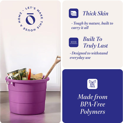 HOMZ 2-Pack Utility Tub, Large Plastic Storage Bucket with Rope Handles, 17 Gallon, Purple