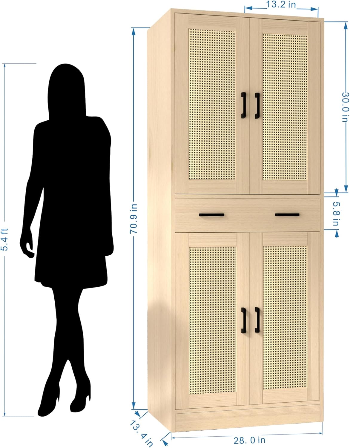 71" Tall Oak & Rattan Pantry Cabinet - Boho Chic Kitchen Storage with Doors & Drawer for Dining Room, Hallway or Kitchen Organization