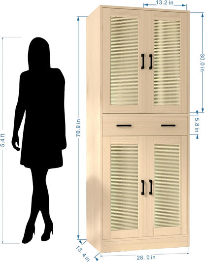 71" Tall Oak & Rattan Pantry Cabinet - Boho Chic Kitchen Storage with Doors & Drawer for Dining Room, Hallway or Kitchen Organization