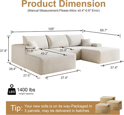 108" Sectional Couches for Living Room Modern Modular Sofa with L-Shape Couchs Upholstered Boneless Couch Deep Seat Sectional Couch with Chaise (White, Left Facing Chaise+2Seaters+1Ottoman)