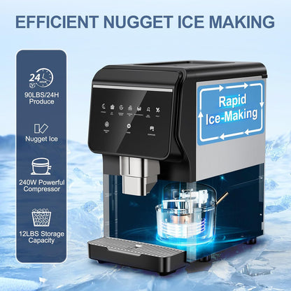 3-in-1 Nugget Ice Maker with Ice & Water Dispenser - 90Lbs/24H Pellet Chewable Ice, Self-Cleaning Countertop Stainless Steel Ice Machine for Commercial, Office, Kitchen, Party (Quiet Operation)