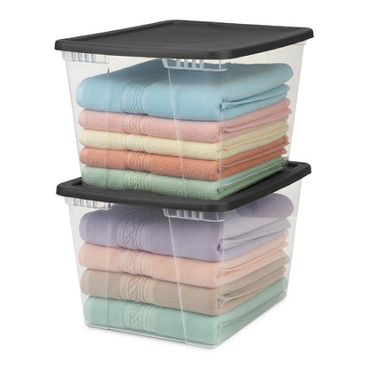 HOMZ 2-Pack Snaplock, Large Clear Plastic Storage Organizer Bins w/Lids, 56 Quart, Gray - Stackable