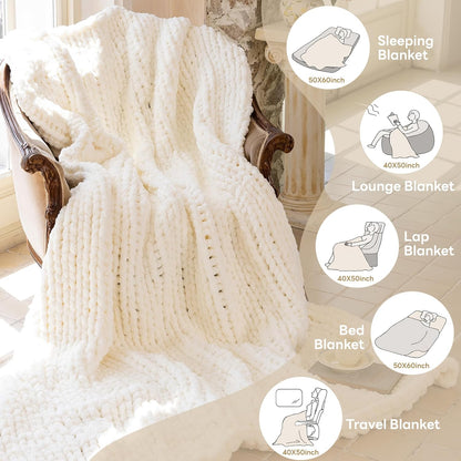 Chunky Knit Blanket - Luxury Soft Cozy 50 * 60 Throw Blanket,100% Woven Blanket Rope Knot Throw Blanket for Couch, Sofa, Home Decor, Gift - Machine Washable（Milk White）