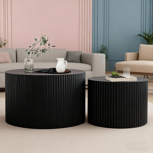 Round Nesting Coffee Table Modern Black Fluted Coffee Table Set of 2 Stripe Round Coffee Tables