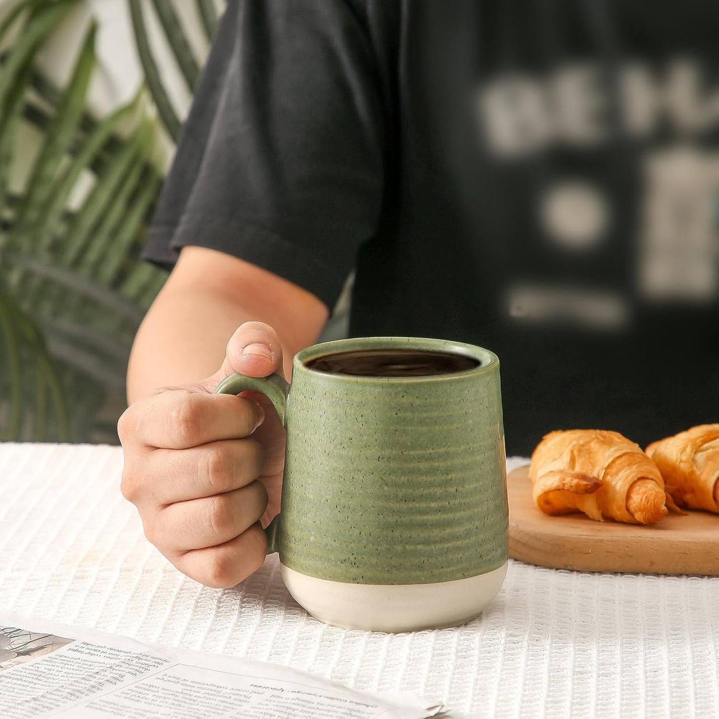 Large Ceramic Coffee Mugs Set - 15 OZ Porcelain Coffee Latte Cups Set of 4 with Handle Perfect for Cappuccino, Tea, Mocha, Hot or Cold Drinks, Unique Glaze Design for Home, Cafe and Coffee Bar, Green