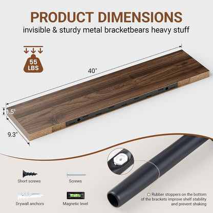 Heimlove 40 Inches Floating Shelves for Wall,9.3" Deep Walnut Long Floating Shelves Set of 2,Large Display Shelf & Storage Shelf,Wall Shelf for Bathroom Bedroom Living Room Kitchen Office