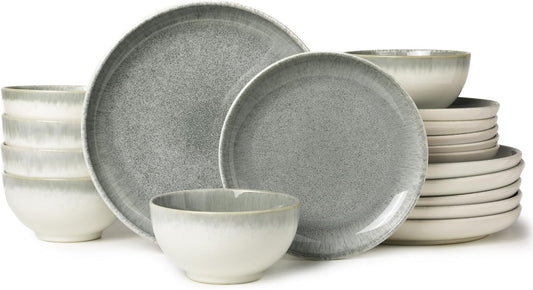 Ceramic Dinnerware Sets for 6, 18 Pieces Stoneware Plates and Bowls Sets, Chip and Stain Resistant Modern Dishes, Dishwasher & Microwave Safe Dinner Set, Gradient Green