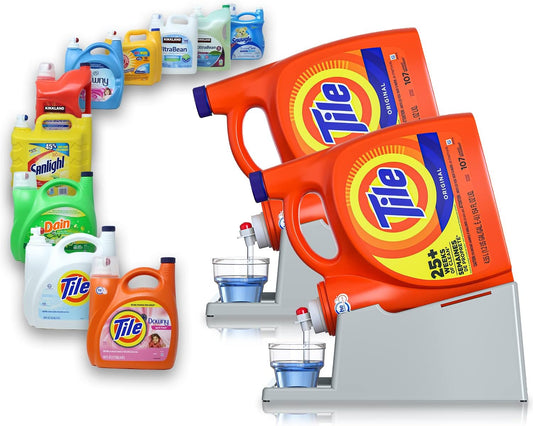 TidyFriend 2 Pack Liquid Laundry Detergent Holder Stand with Drip Tray & Rubber-Grip Feet, Stand for Laundry Room Organization and Storage, Fabric Softener Dispenser with Cup Holder (Grey)