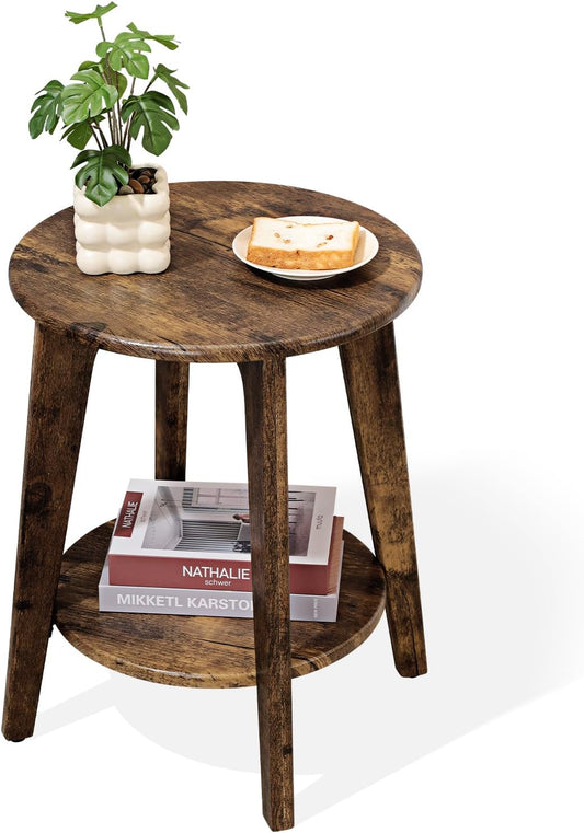 Small Round Side Table Wooden End Table with Lower Shelf Modern Nightstand Bedside Table for Small