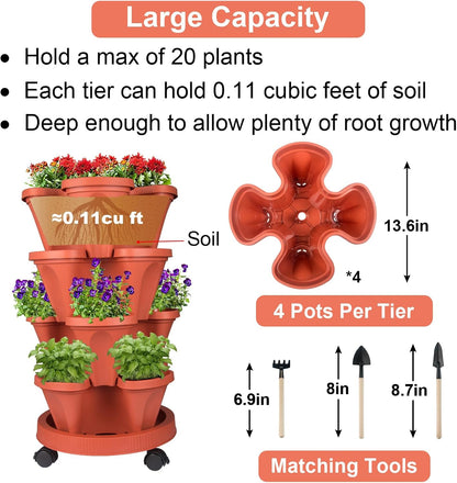 Vertical Planter 4 Tier Stackable Planters Garden Planters Strawberry Herb Flower and Vegetable Planter Indoor Outdoor Gardening Pots with Removable Wheels and Tools 2-Pack