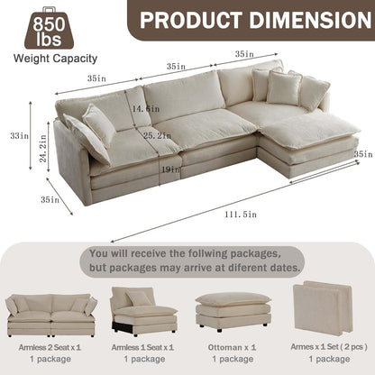 Sectional Sofa 3 Seater with Movable 1 Ottoman,Oversized Modular Couch Deep Seat (Light Coffee, 111.5 inch-L)