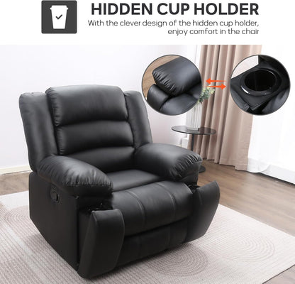 EBELLO Faux Leather Manual Recliner Chair, Single Reclining Sofa Chair Couch with 2 Concealed Cup Holders, Overstuffed Armrest Backrest for Living Room, Bedroom, Meeting Room, Black