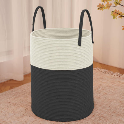 Large Woven Laundry Basket Hamper,100L Cotton Rope Storage Bin for Blankets,Toys and Clothes,Decorative Tall Nursery Hamper for Living Room,Baby Nursery,Bathroom and Bedroom,White and Black