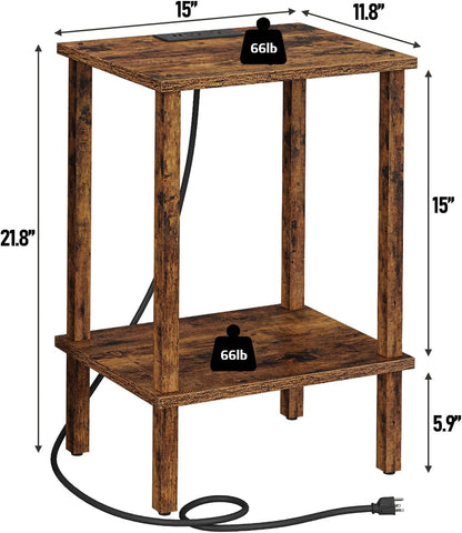 TUTOTAK End Table with Charging Station, Small Side Table with Outlets, Nightstand Bedside Table, 2-Tier Storage Shelf for Small Space, Living Room, Bedroom, Brown TB01BB040C