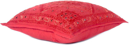 Eyes of India Embroidered Decorative Boho Throw Pillow Cover with Mirrors, Handmade Bohemian Accent Cushion Case for Sofa Couch Bedroom Living Room (Red, 24" x 24")
