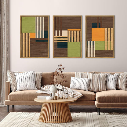 Large Modern Abstract Wall Art Set Minimalist Line Wood Wall Decor Neutral Brown Art Decor Colorful Geometric Wooden Wall Sculptures for Living Room Bedroom Office-16x24Inchx3