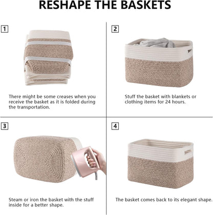 4 Pack Storage Baskets for Organizing, Woven Baskets for Shelves - Perfect for Toys, Books, Towels, and Clothes, Durable Gift Basket Bins Toy Storage, 12.7''Lx9''Wx7.8''H, Brown & White