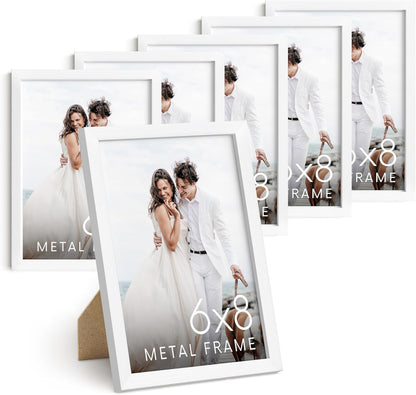 HAUS AND HUES 6x8 White Metal Picture Frames - Photo Frames 6x8 - Features Premium Aluminum, Vertical Hanging, Easel Back for Tabletop, Home, Office (6x8 in, White, Set of 6)