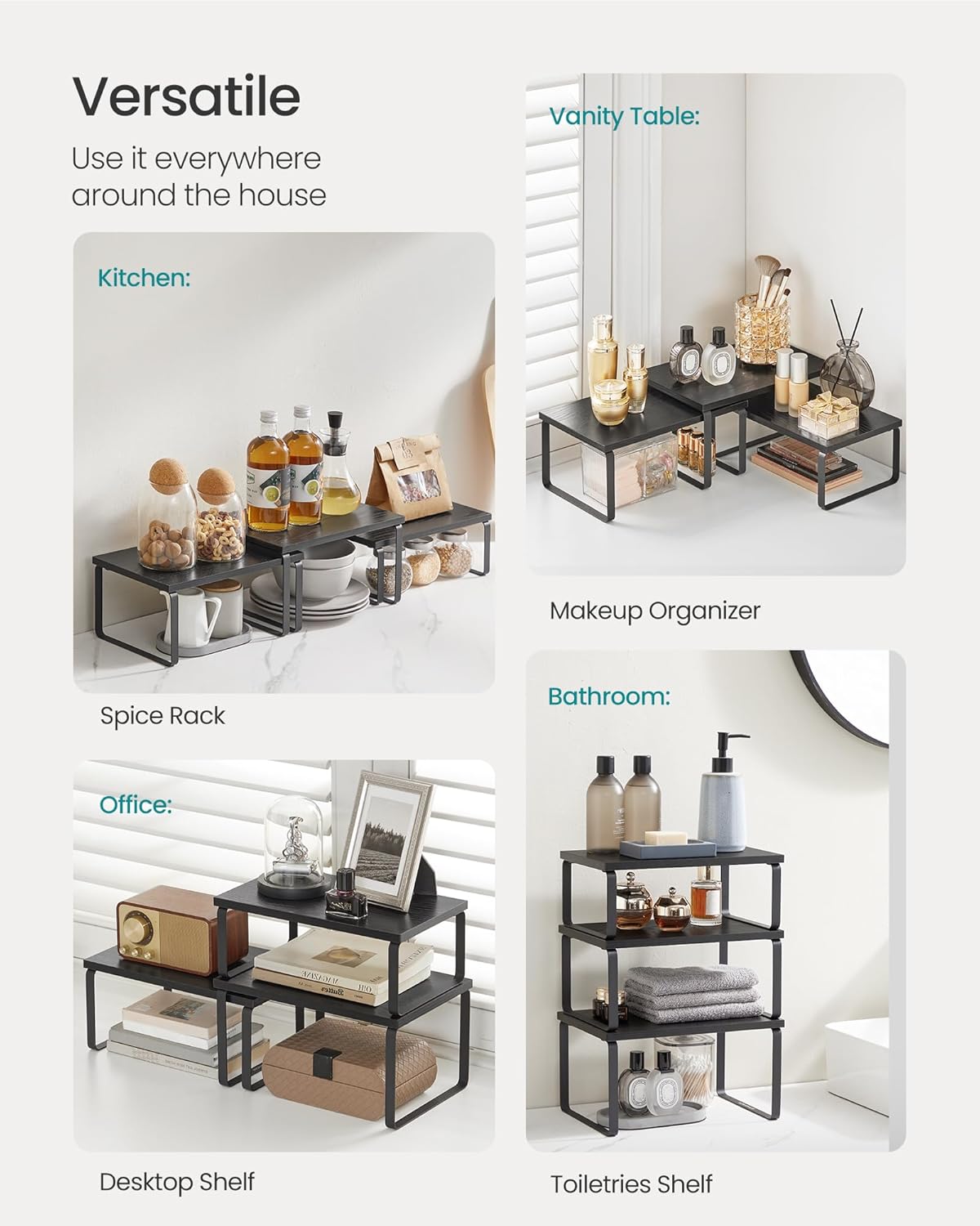 SONGMICS Cabinet Organizer Shelf, Set of 3 Kitchen Counter Shelves, Kitchen Storage, Spice Rack, Stackable, Expandable, Anthracite Gray and Matte Black UKCS220B01