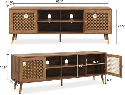 JYED Mid Century Modern TV Stand and Console for TVs Up to 75 inch - Rustic Oak Entertainment Center, 2 Gold Metal Mesh Doors & MDF Wood Grain, 15.8" D x 66" W x 23.5" H