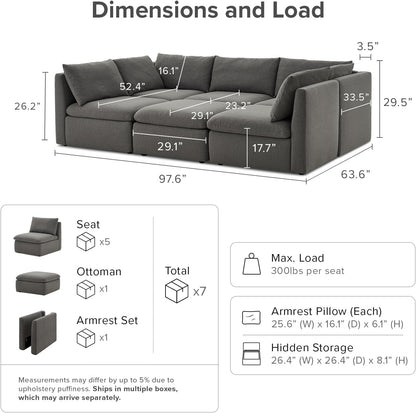 mopio Oversized Modular Sectional Sofa with Fully Removable Covers and Storage, Convertible U, L-Shaped and Sleeper Sectional, Modern Couches with Ottoman Chaise (Stone Gray Fabric, 6 Seats, Sleeper)