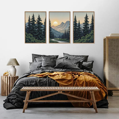 HLNIUC Mountain Forest Sun Framed Wall Art,Large Boho Pine Tree Canvas Wall Decor Set of 3(16”x24”)Ridge Mountain Landscape Picture Prints,Natural Sunset Woodland Wall Painting for Living Room,Bedroom