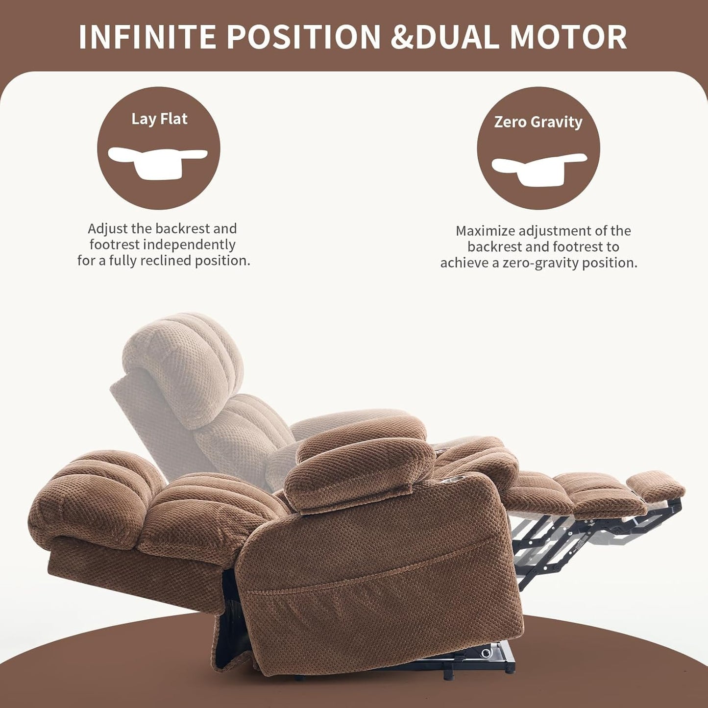 Dual Motor Power Lift Recliner Chair for Elderly,Electric Lift Chair with Adjustable Headrest, Heat and Massage,Lay Flat Recliner with Cup Holders,USB Ports,Type C,Zero Gravity, Brown