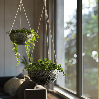 LA JOLIE MUSE Hanging Planters for Indoor Plants, Medium Hanging Planters with Drain Holes, Outdoor Hanging Flower Pots, Matte Black, Honeycomb (10 Inch, Set of 2)