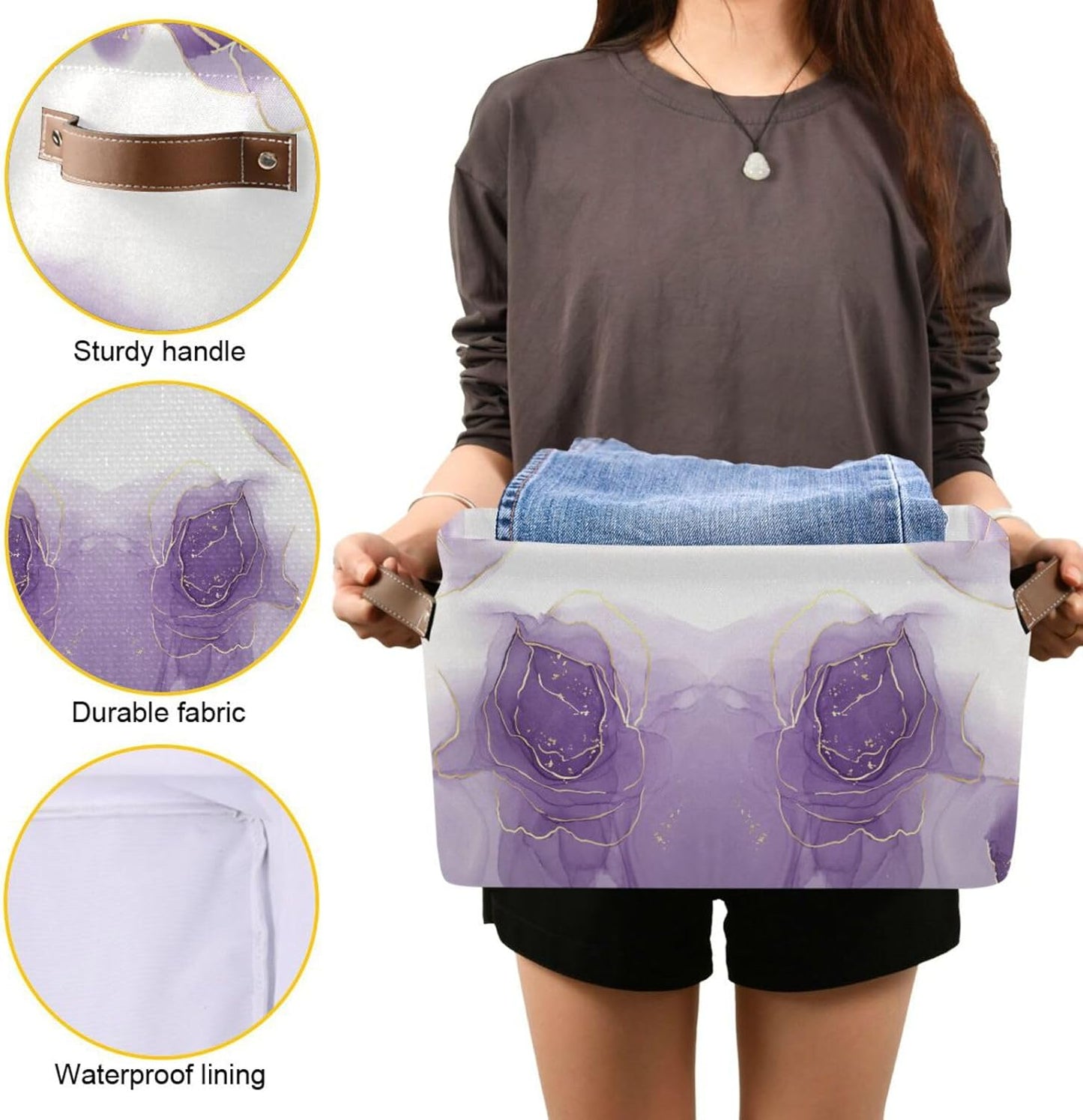 susiyo Large Foldable Storage Bin Closet Storage Baskets for Shelves Storage Bins for Organizing Shelf Nursery Toys, Decorative Linen Fabric Bins Cube with PU Handles 1 Pack,Purple Rose