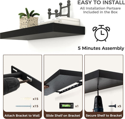 Floating Shelves - 2 Large Wall Mounted Shelves with Invisible Brackets, Long Wood Floating Wall Shelf for Living Room, Bedroom, Kitchen (Black, 24" W x 9" D x 1.5" H)