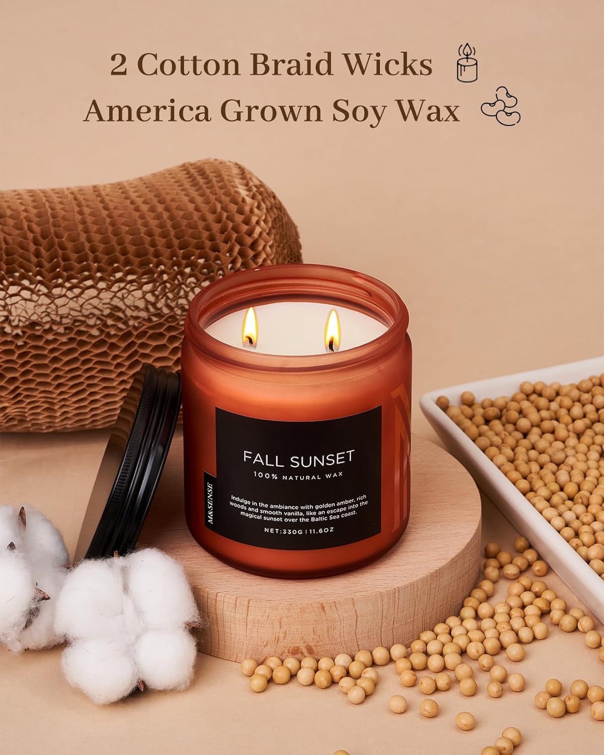 M&SENSE Baltic Amber Scented Candle, 11.6oz Clean Natural Soy Wax Non Toxic Up to 70 Hours Burn Time 2 Cotton Wick Housewarming Candle for Home Scented