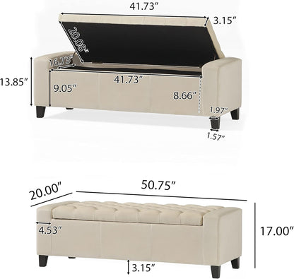 Christopher Knight Home Hikaru Velvet Storage Ottoman, Ivory 19.75”D x 50.00”W x 17.48”H