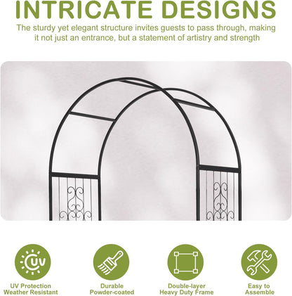 Outvita 7FT Garden Arch Arbor with Entry Door and Plant Frame, Heavy Duty Metal Arbour Archway, Decorative Frame Stand Trellis with Ground Stakes for Wedding Ceremony Party Plant Patio Black
