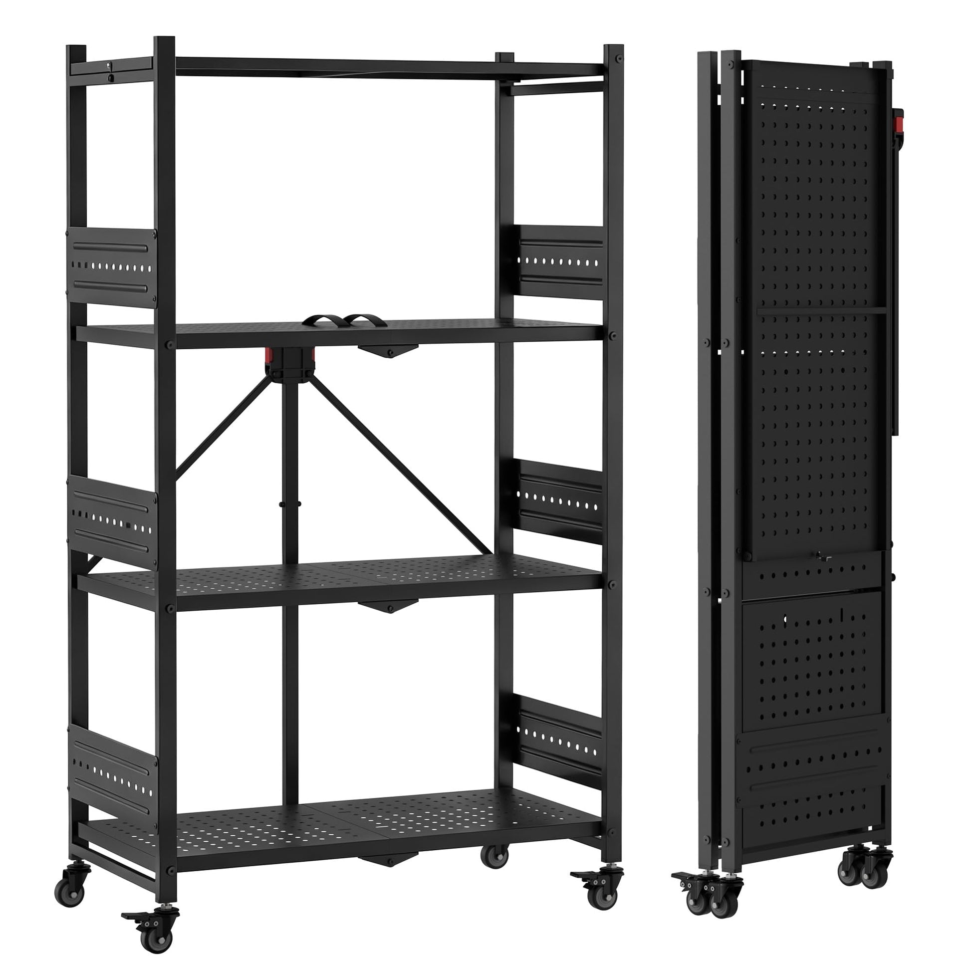 WORKPRO 4-Tier Folding Shelf, No-Assembly Metal Storage Rack with Wheels, 600 lbs Capacity (with