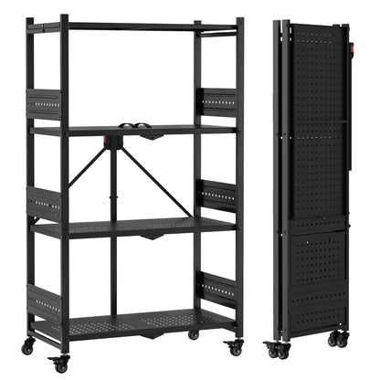 WORKPRO 4-Tier Folding Shelf, No-Assembly Metal Storage Rack with Wheels, 600 lbs Capacity (with