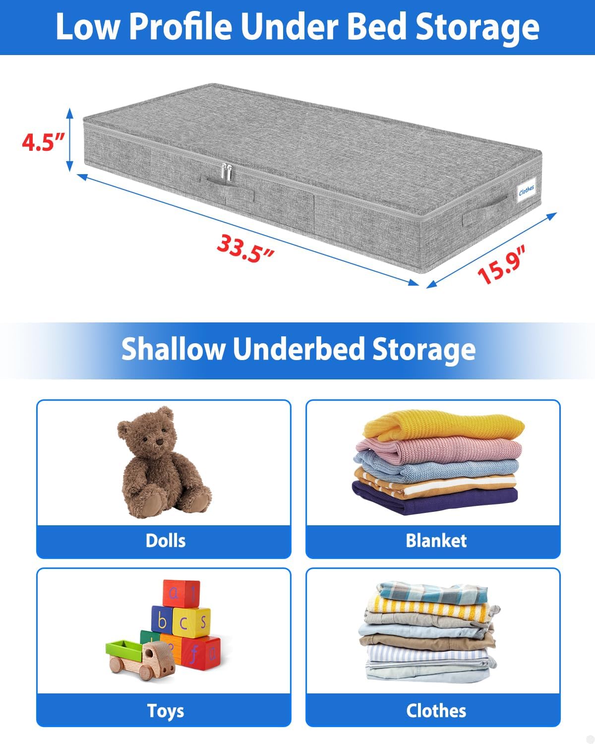 2 Pack Low Profile Under Bed Storage Containers 4.5 Inch Height, Shallow Underbed Couch Storage Organizer With Sturdy Sidewalls/Bottom, Thin Underbed Storage Bins For Clothes Dorm Dresser Sofa- Grey