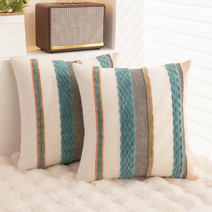 Boho Throw Pillow Covers 18x18 Set of 2 Farmhouse Decorative Cushion Case Striped Square Pillows Cover Chenille Pillow Cases Accent Neutral Pillowcase for Sofa Couch Bed,Blue
