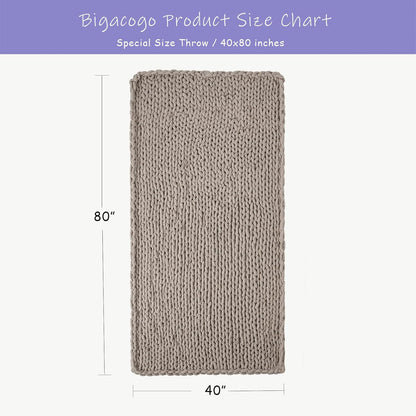 Bigacogo Chunky Knit Throw Blanket for Couch, 40x80 inches, 100% Hand Knitted with Thick Jumbo Chenille Yarn, Cozy Soft Large Rope Knot Cable Crochet Blankets for Sofa Bed Living Room, Taupe
