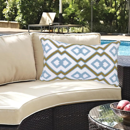 Alysheer Embroidered Lumbar Decorative Throw Pillow Cover 12"x 20", Classic Boho Geometric Embroidery Pattern Cotton Rectangular Cushion Case for Sofa Couch Living Room Bedroom (Blue Khaki)