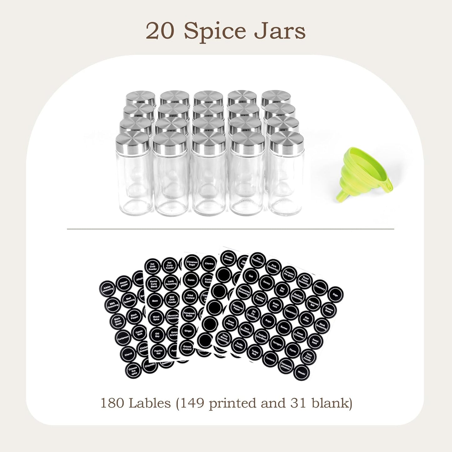 WelFurGeer Bamboo Spice Rack Organizer for Countertop, Revolving Spice Shelf with 20 Glass Jars, Lids & Labels, Desktop Rotating Seasoning Organizer for Kitchens, Space-Saving Design